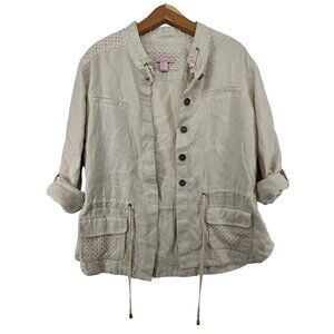 Saint Tropez West Womens Jacket Sz M 100% Linen Beige Beachy Lghtwt Classic Lux